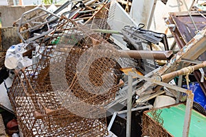 Scrap metal in railway cars.. Scrap yard, metal rubbish stock.