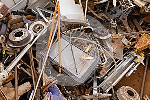 Scrap metal in railway cars.. Scrap yard, metal rubbish stock.