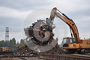 Scrap metal recycling plant and crane-loading scrap in a train