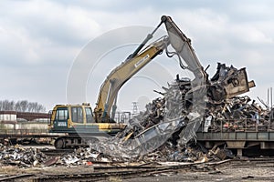 Scrap metal recycling plant and crane-loading scrap in a train