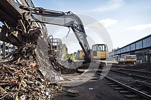 Scrap metal recycling plant and crane-loading scrap in a train