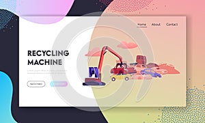 Scrap Metal Utilization and Recycling Industry Landing Page Template. Character Working on Grabber Loading Old Junk Cars