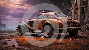 scrap of old car under a collapsed shed outdoors in an apocalyptic environment