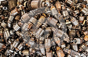 Scrap yard of car`s start motor rotor for recycling