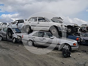 The scrap yard with old cars of crushed cars