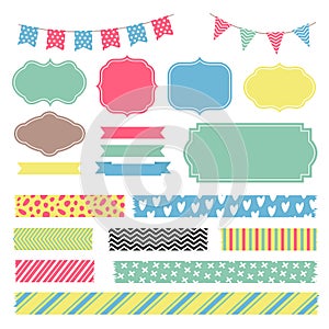 Scrapbook decoration graphic vector elements. Cute frames and banners