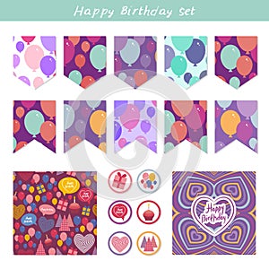 Scrapbook Design Elements. Birthday, baby shower, party design. Seamless pattern with balloons and happy birthday card. Purple pin