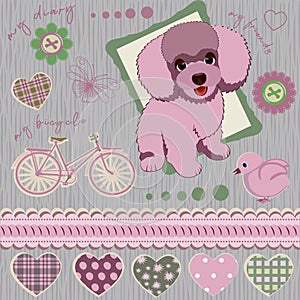 Scrapbook elements. Cartoon cute puppy, bicycle, hearts, buttons, patterns on grey background.