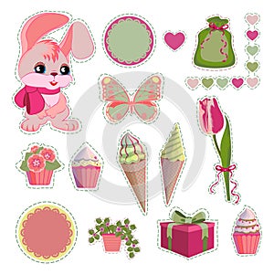 Scrapbook elements by crimson, pink, green colors with rabbit, cupcakes, ice cream, gift, tulip, butterfly.