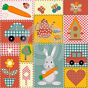 Scrapbook patchwork with bunny and sewn items