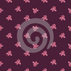 Scrapbook seamless pattern with outline orchid elements print. Maroon and pink palette