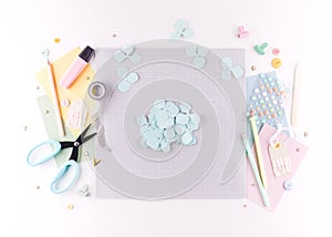 Scrapbooking master class. Diy. Make a spring decor for interior - floral wreath made of paper. Pastel colors. Women`s hobby.
