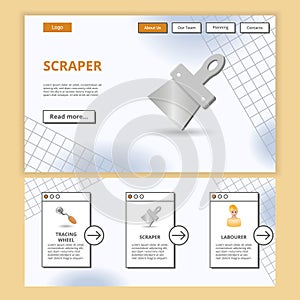 Scraper flat landing page website template. Tracing wheel, scraper, labourer. Web banner with header, content and footer