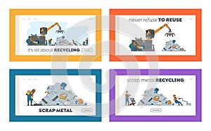 Scrapmetal Recycle Industry Landing Page Template Set. Characters Recycling Old Metal and Broken Technique on Junkyard