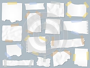 Scraps paper on adhesive tape. Vintage torn papers on sticky tapes, scrap pages frames and craft paper note page vector