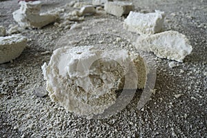 Scraps of pieces of Polyurethane foam PU foam on the floor, Polyurethane foam