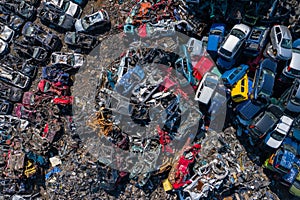 Scrapyard Aerial View. Old rusty corroded cars in car junkyard. Car recycling industry from above