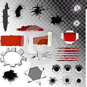 Scratch bullet holes vector of gunshot set gun shoot in holed metal target crack and scratching mark of animals claw photo