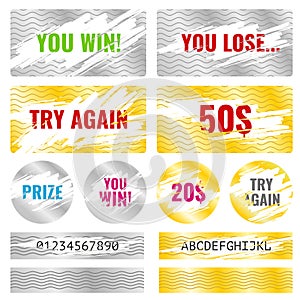 Scratch card game win lottery vector elements