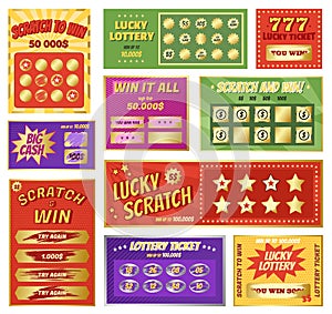 Scratch cards, instant lottery card, lucky jackpot winner tickets. Lotto and bingo game winning ticket, scratchcard