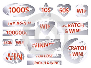 Scratch cards. Lottery silver scratch cards, winning game lottery card covers. Win lottery ticket vector illustration