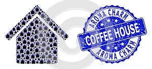 Scratched Aroma Charm Coffee House Round Stamp and Recursive House Icon Mosaic