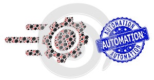 Scratched Automation Round Seal Stamp and Recursion Rush Gear Icon Composition