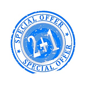 Scratched blue round stamp with the inscription - Special Offer 2 + 1 - Vector