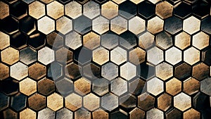Scratched brown and grey metal hexagons honeycomb futuristic background