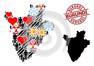 Scratched Burundi Stamp Seal and Spring Patients Covid-2019 Treatment Mosaic Map of Burundi