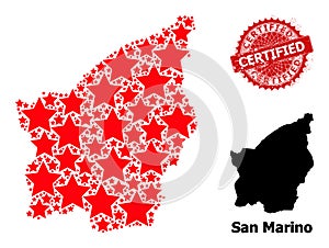 Scratched Certified Stamp Seal and San Marino Map Collage of Star Icons