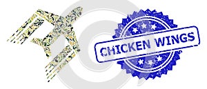 Scratched Chicken Wings Seal and Military Camouflage Collage of Aviation