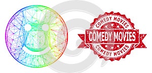 Scratched Comedy Movies Stamp and Multicolored Net Glad Smiley