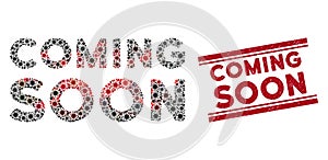 Scratched Coming Soon Red Stamp Seal and Coronavirus Mosaic Text