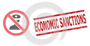 Scratched Economic Sanctions Seal and Halftone Dotted Stop Policeman