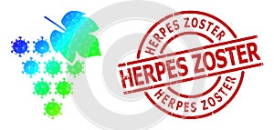 Scratched Herpes Zoster Stamp and Triangle Filled Spectral Colored Virus Grape Bunch Icon with Gradient