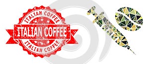 Scratched Italian Coffee Stamp Seal and Coffein Syringe Low-Poly Mocaic Military Camouflage Icon