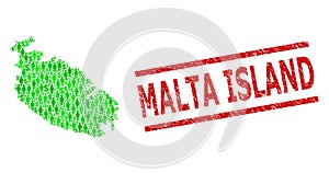 Scratched Malta Island Stamp Print and Green Customers and Dollar Mosaic Map of Malta Island