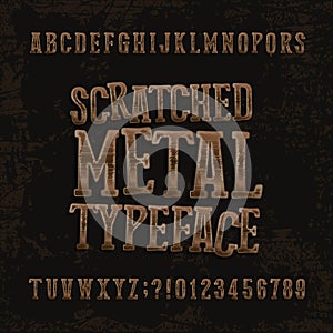 Scratched metal typeface. Retro alphabet font. Metallic letters and numbers on a dark rough background.
