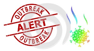 Scratched Outbreak Alert Stamp Imitation and Lowpoly Rainbow Virus Spray Icon with Gradient