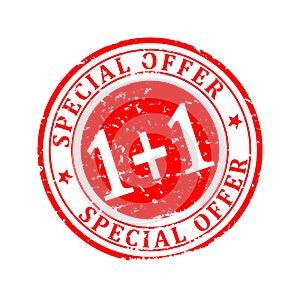 Scratched red round stamp with the inscription - Special Offer 1 + 1 - Vector