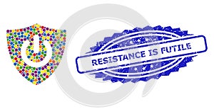 Scratched Resistance Is Futile Stamp and Multicolored Collage Shield Turn Off