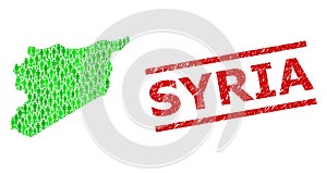 Scratched Syria Watermark and Green Men and Dollar Mosaic Map of Syria