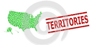 Scratched Territories Stamp Imitation and Green Men and Dollar Mosaic Map of USA Territories