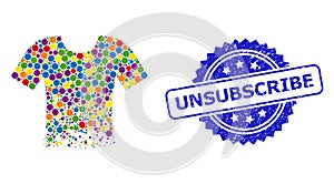 Scratched Unsubscribe Stamp Seal and Multicolored Mosaic Ragged T-Shirt