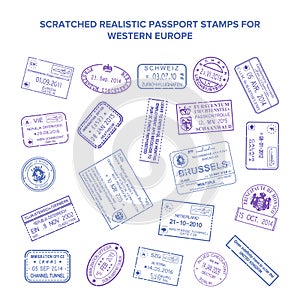 Scratched vector visa travel stamps isolated on white