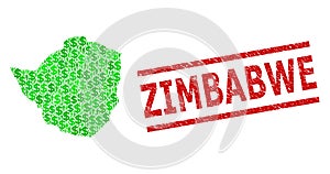 Scratched Zimbabwe Watermark and Green People and Dollar Mosaic Map of Zimbabwe
