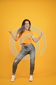 Scream of happiness. Happy winner yellow background. Pretty girl feel happiness. Sexy woman enjoy happiness. Victory and