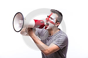 Scream on megaphone Englishman football fan in game supporting of England national team