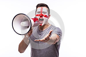 Scream on megaphone Englishman football fan in game supporting of England national team